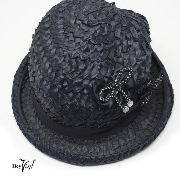 Vintage Black Woven Straw Hat Neiman Marcus with Rhinestone Bow Detail –Hey Viv main image 8
